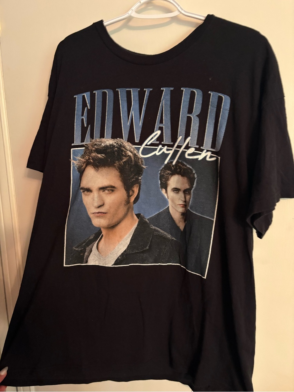 Edward Cullen Black Graphic Crewneck T-Shirt with Blue Lettering